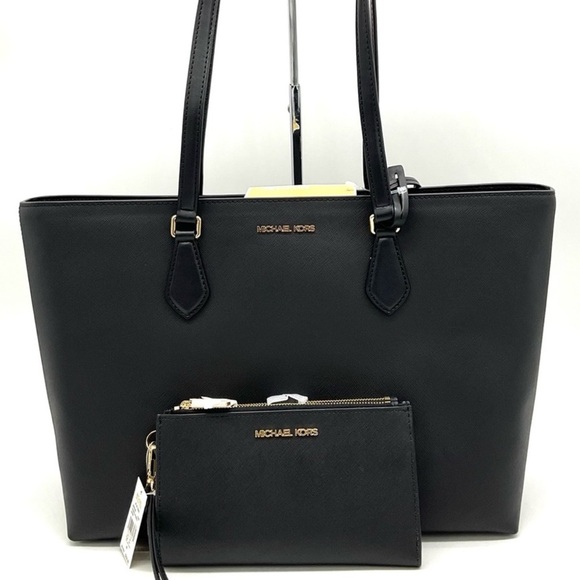 Michael Kors Bag Large Sheila Mf Tote Bag & Large Double Zip Wallet Black/Gold - Picture 1 of 15